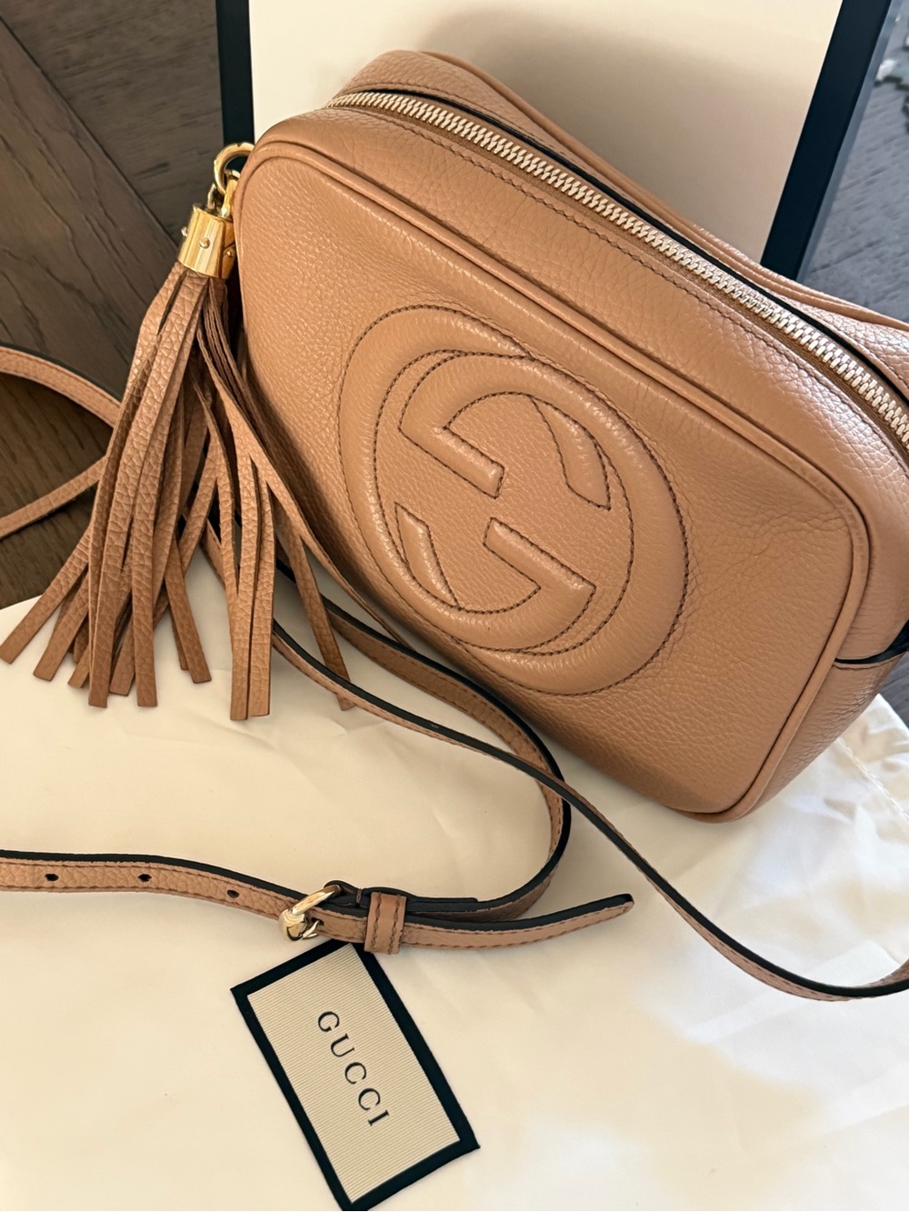 Gucci Tan Pebbled Leather Crossbody with Tassel